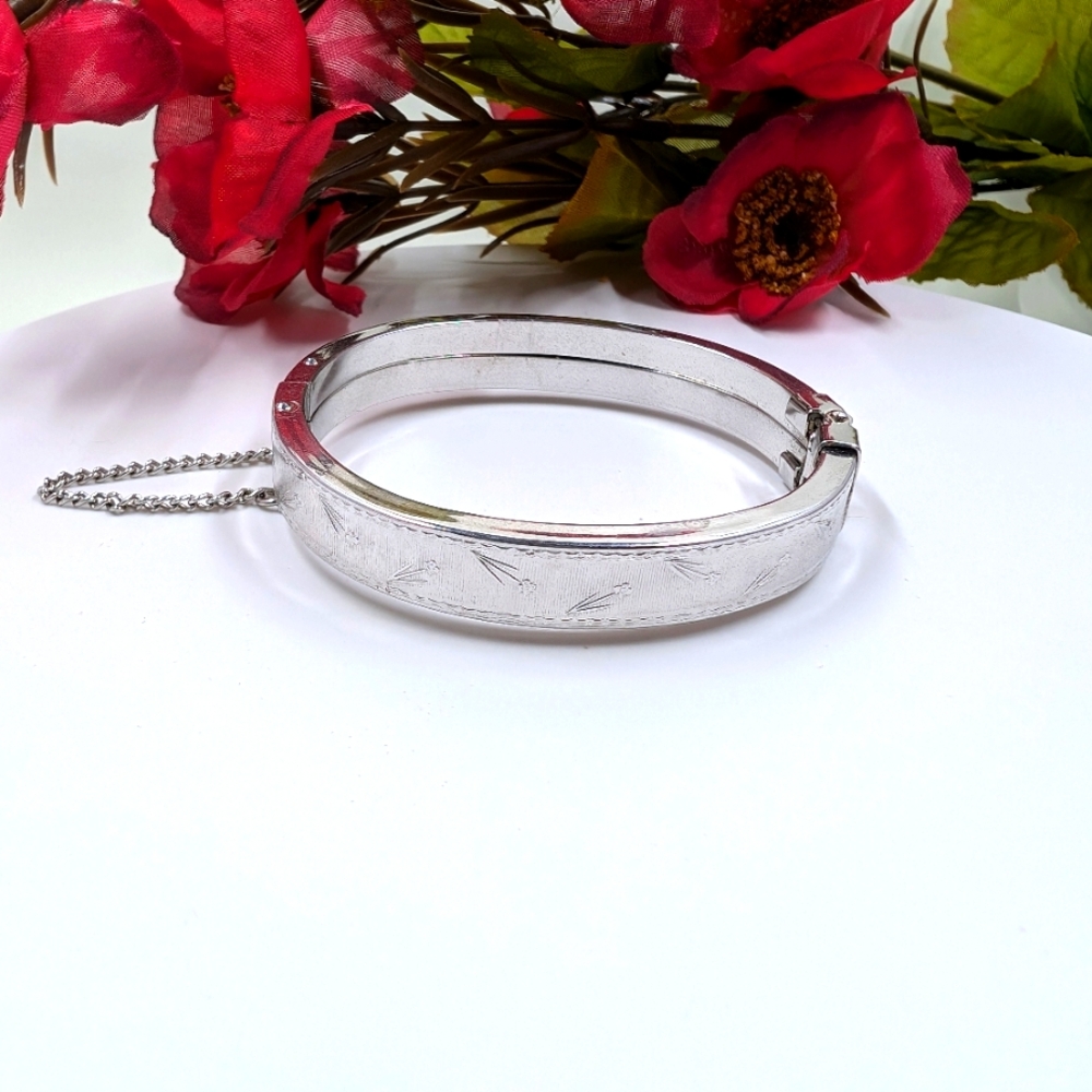 Silver Engraved Oval Hinged Bracelet - Women's Jewelry